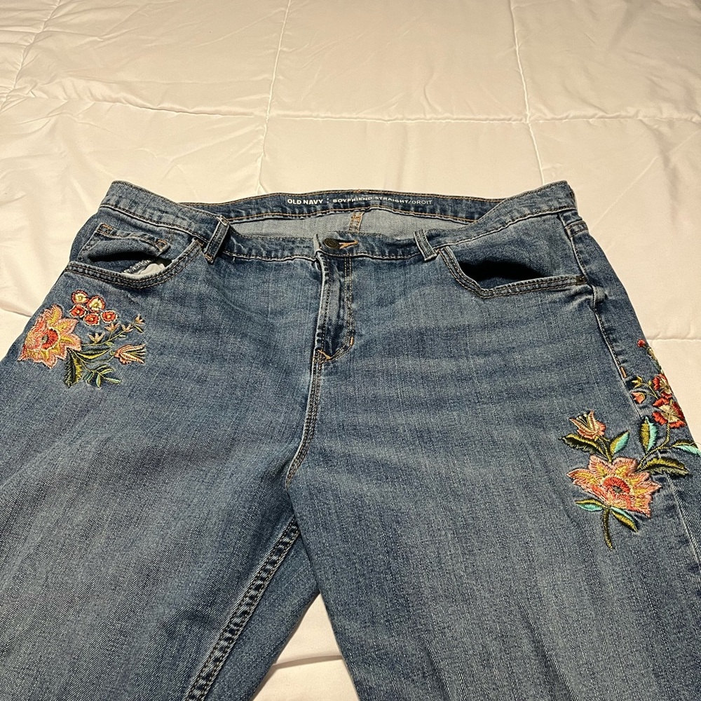 Old Navy Blue Boyfriend Jeans with Floral Embroidery